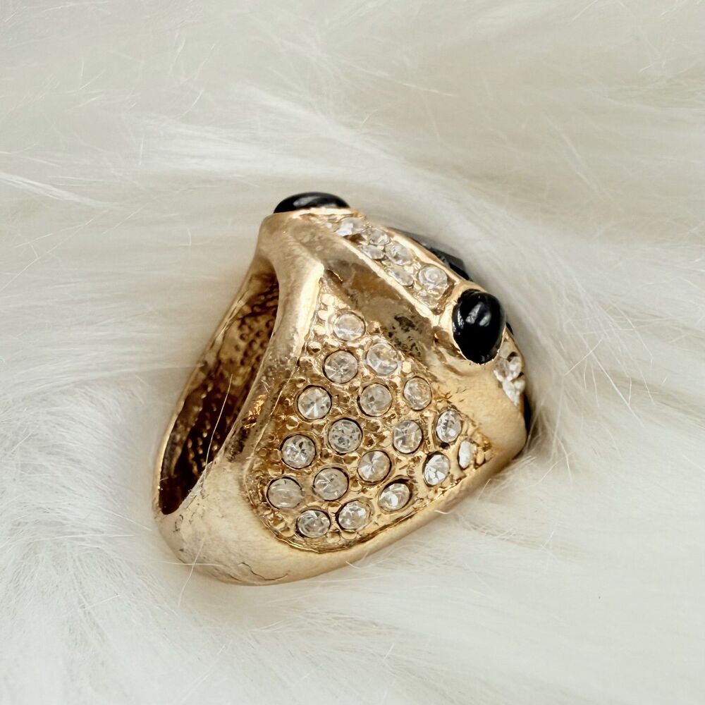 Huge Gold Tone Black Rhinestone Statement Cocktail Ring 1990s Size 6 - Picture 4 of 4